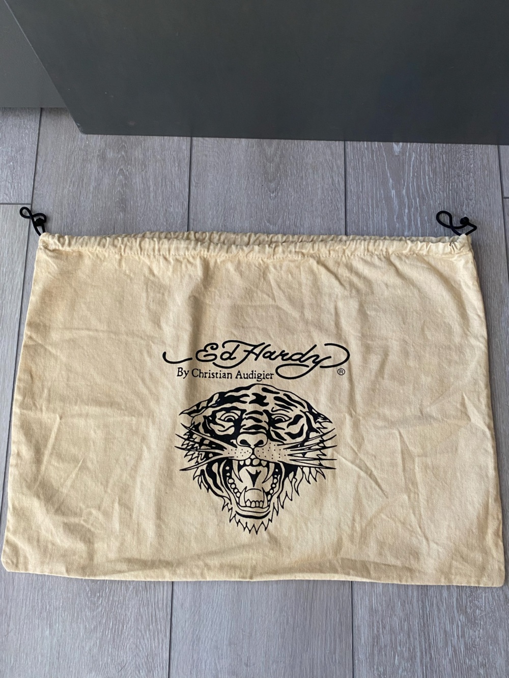 Ed Hardy by Christian Audigier Beige Drawstring Bag with Black Tiger Print Y2K